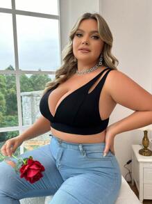 Women's Simple Bra, Plus Size Solid Triangle Cup Wireless Longline French Bralette - Black - View 3