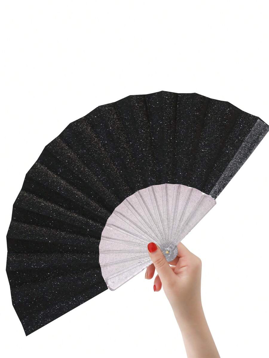 Shiny Black Hand Fan, Summer Beach Fan, Essential Carnival Accessory, Beach Accessory, Suitable For Festivals, Weddings And Travel - Black - View 1