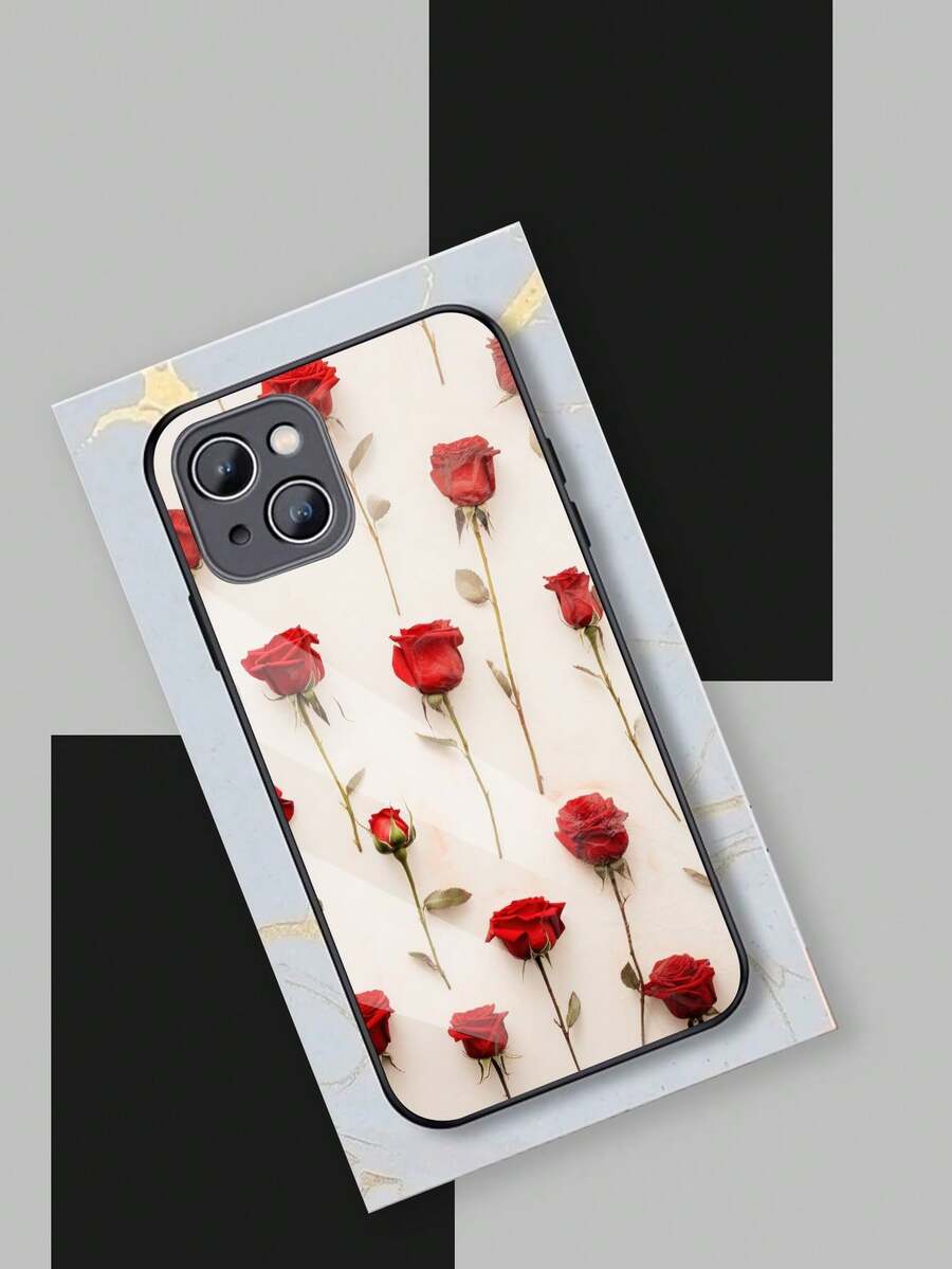 红玫瑰图案玻璃手机壳适用于 iPhone11/12/13/14/15/15pro/15 Plus/15 Promax/7plus/8plus/X/Xs Max/Xr/11pro/12pro/13pro/14pro/12mini/13mini/11promax/12promax/13promax/14promax/14plus/6/6s/6plus/7/8/Se - 彩色 - 查看 1