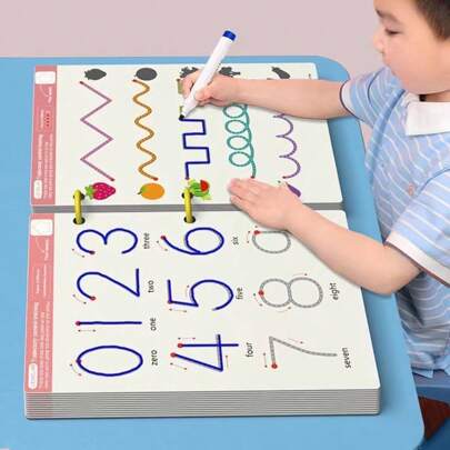 32/128页可重复使用的蒙特梭利描红练习册，包含控制训练，附赠可擦写儿童书写贴纸，适合亲子教育，男女学生均可使用。文具、学习用品、玩具、儿童玩具、蒙特梭利玩具、益智玩具。