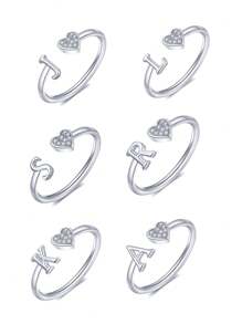 1 件装小心心 A-Z 字母戒指可调节开口戒指首字母名字字母女性派对珠宝情人节 - 銀色 - 查看 1