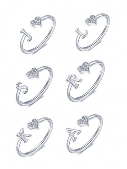 1 件装小心心 A-Z 字母戒指可调节开口戒指首字母名字字母女性派对珠宝情人节