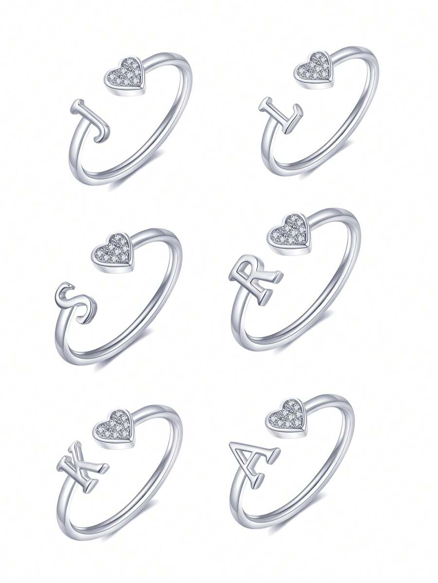 1 件装小心心 A-Z 字母戒指可调节开口戒指首字母名字字母女性派对珠宝情人节 - 銀色 - 查看 1