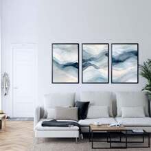 3 套现代抽象墙面艺术画简约水彩帆布印刷画海军蓝海报海滩波浪装饰适用于卧室、客厅或办公室墙壁装饰无框 - 彩色 - 查看 2