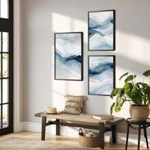 3 套现代抽象墙面艺术画简约水彩帆布印刷画海军蓝海报海滩波浪装饰适用于卧室、客厅或办公室墙壁装饰无框 - 彩色 - 查看 3