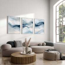 3 套现代抽象墙面艺术画简约水彩帆布印刷画海军蓝海报海滩波浪装饰适用于卧室、客厅或办公室墙壁装饰无框 - 彩色 - 查看 1