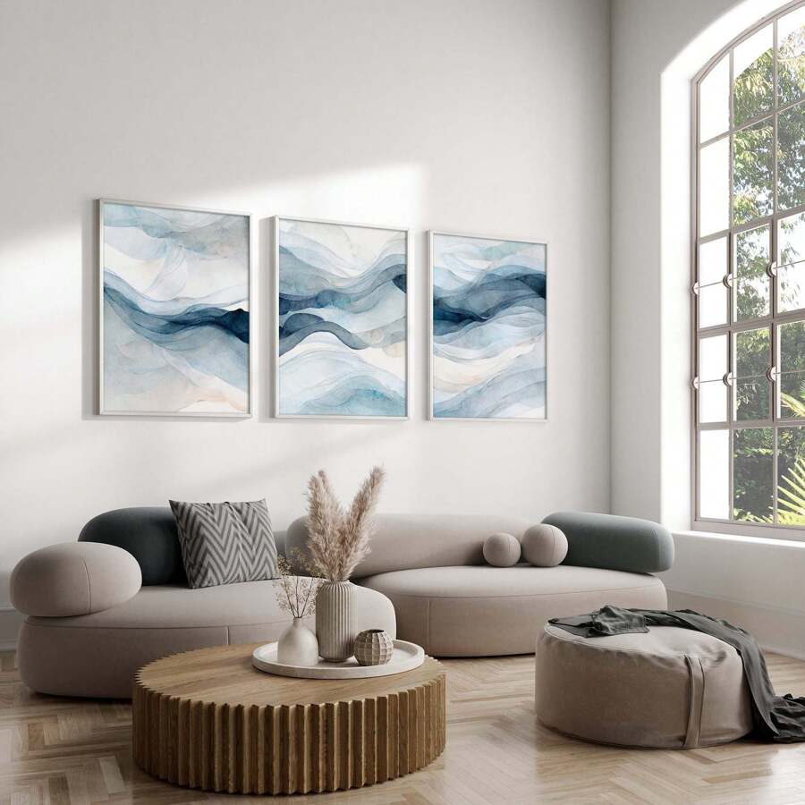 3 套现代抽象墙面艺术画简约水彩帆布印刷画海军蓝海报海滩波浪装饰适用于卧室、客厅或办公室墙壁装饰无框 - 彩色 - 查看 1