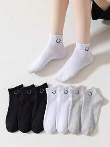 8入組女士可愛透氣除臭日常款簡約短襪,黑、白、灰三色,印有微笑臉圖案,日式ins風格 - 彩色 - 查看 6