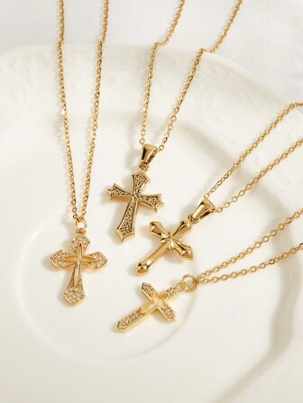 1 Pc Fashionable Stainless Steel Hollow & Smooth Zirconia Cross Necklace, Suitable For Women's Daily Wear Or As A Gift