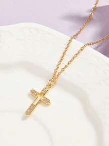 1 Dây chuyền thánh giá bằng thép không gỉ rỗng và mịn Zirconia thời trang, thích hợp để phụ nữ đeo hàng ngày hoặc làm quà tặng - Vàng - Xem 5