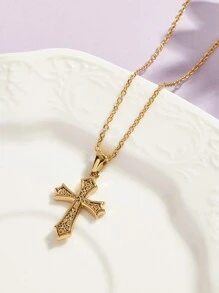 1 Dây chuyền thánh giá bằng thép không gỉ rỗng và mịn Zirconia thời trang, thích hợp để phụ nữ đeo hàng ngày hoặc làm quà tặng - Vàng - Xem 2