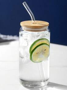 1 pieza de 400/550 ml de vidrio resistente al calor, con tapa, pajita, taza plana, para café, té con leche, jugo, adecuada para uso doméstico o en la oficina