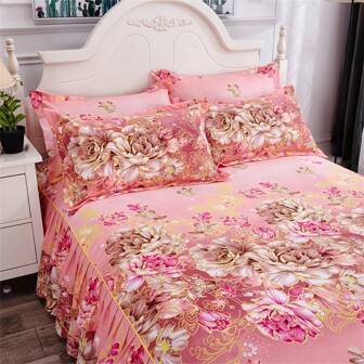 3pcs Bed Skirt Set, Printed Universal Anti-Slip Bedspread Bedding Set, Bedroom Guestroom Bedding (Bed Skirt*1 + Pillowcase*2, No Core) Bedroom Decor