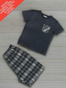 2-PIECE MEN'S SHORT PAJAMA SET, COTTON FEEL IN PLUS SIZES - 藏蓝色 - 查看 1