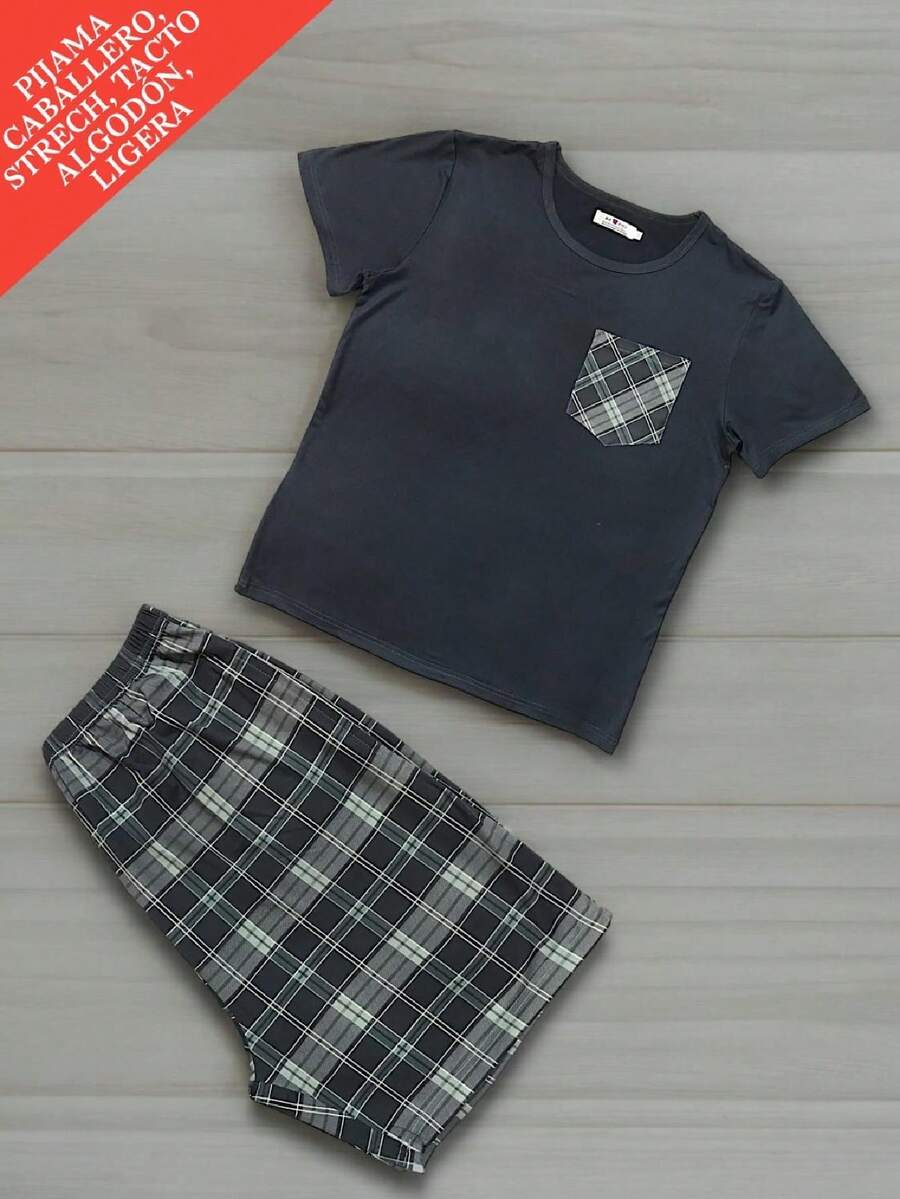 2-PIECE MEN'S SHORT PAJAMA SET, COTTON FEEL IN PLUS SIZES - 藏蓝色 - 查看 1