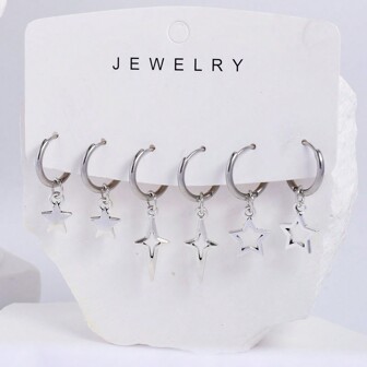 6 Piezas/set Pendientes De Aro De Plata De Acero Inoxidable De Moda Con Colgante De Estrella, Adecuados Para Mujeres Para Vestir Diario