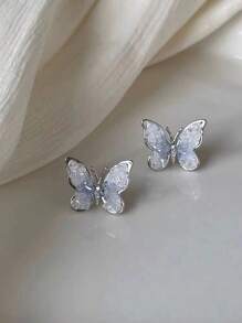 1pc Skc Gradient Blue Crystal Butterfly Stud Earring For Women, 2024 New Arrival Unique Design Fashionable Light Luxury & Elegant Ear Jewelry