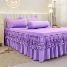 1 pieza Falda de cama elegante de encaje, unicolor, suave, antipolvo, para todas las estaciones, talla grande, sábana bajera antideslizante, decoración del dormitorio (Falda de cama x1, sin funda de almohada)