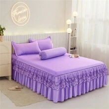 1 pieza Falda de cama elegante de encaje, unicolor, suave, antipolvo, para todas las estaciones, talla grande, sábana bajera antideslizante, decoración del dormitorio (Falda de cama x1, sin funda de almohada)