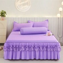1 pieza Falda de cama elegante de encaje, unicolor, suave, antipolvo, para todas las estaciones, talla grande, sábana bajera antideslizante, decoración del dormitorio (Falda de cama x1, sin funda de almohada)