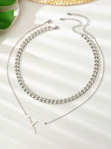 1套個性化時尚雙層簡約鎖頸鏈及鍊子字母吊墜頸鏈套裝
