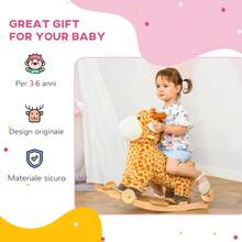 Cavallo a Dondolo per Bambini a Giraffa con Ruote e Suoni, Gioco Cavalcabile per Bambini 3-6 Anni in Peluche e Legno, 63x38x63cm, Giallo - Giallo - Visualizzare 8