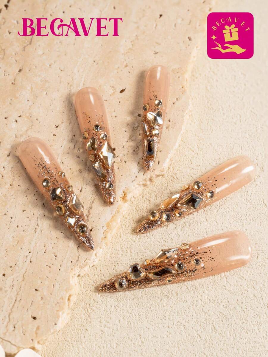使用BEGAVET 10入組100%獨特手工製作的長閃爍假指甲與3D寶石升級你的外觀，適合女孩，易於裝配，適用於派對和日常美甲用品
