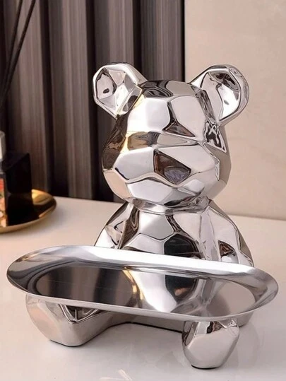 1pc Abstract Ceramic Plating Bear Statue With Tray For Storage, Key And Cosmetic Organizer Tray, With Coin Bank Bookshelf Statue Decoration. Best Gifts Birthday Graduation