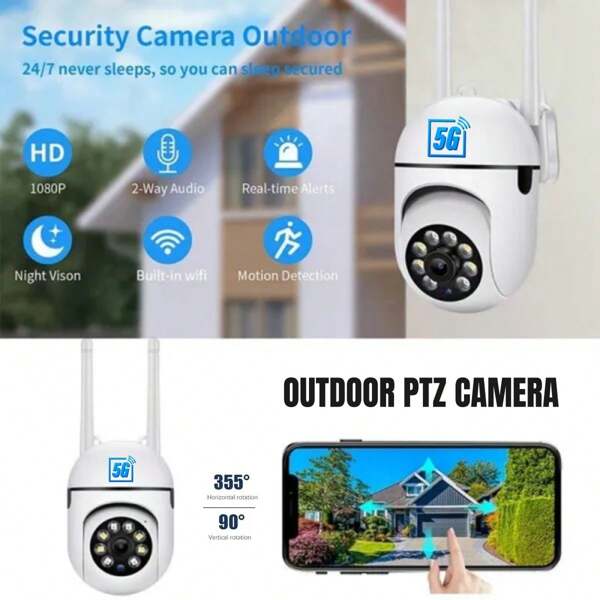 1pc 1080P HD 5G Dual-Band WIFI Wireless Surveillance Camera 200W Full Color Ultra-Clear Video APP Remote Control Rotation Automatic Human Body Tracking Indoor And Outdoor Night Vision Motion Detection Two-Way Voice Intercom Sound And Light Alarm Digital Zoom PTZ 360° Panoramic Security IP Monitor Suitable For Smart Home Security