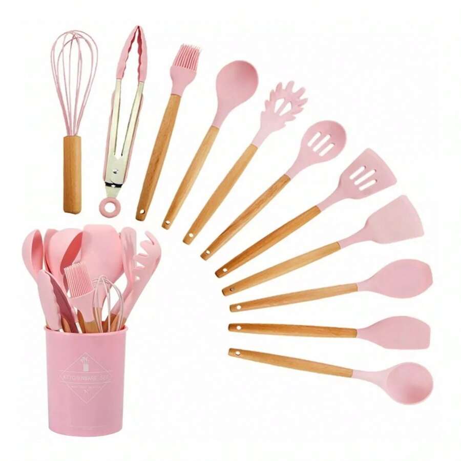 Juego de utensilios de cocina de silicona de 12 piezas, utensilios de cocina antiadherentes resistentes al calor, herramientas de cocina, juego de utensilios de cocina para mezclar - Rosa - Ver 1