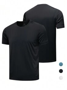 男款速乾冰絲運動圓領彈力透氣短袖t卹,夏季鬆身運動上衣 - 黑色 - 查看 1