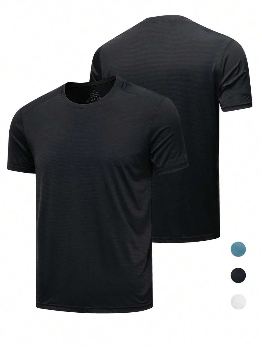 男款速乾冰絲運動圓領彈力透氣短袖t卹,夏季鬆身運動上衣 - 黑色 - 查看 1