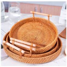 Handmade Round Wicker Tray With Handles For Serving Tea, Fruits, Bread & Snacks, Home Storage Organizer Basket - Mocha Brown - View 6