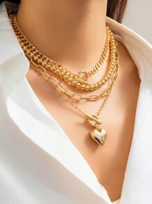 4 件套时尚金色合金多层心形吊坠项链，奢华女士派对珠宝礼物，适合夏季情人节 - 金色B - 查看 2