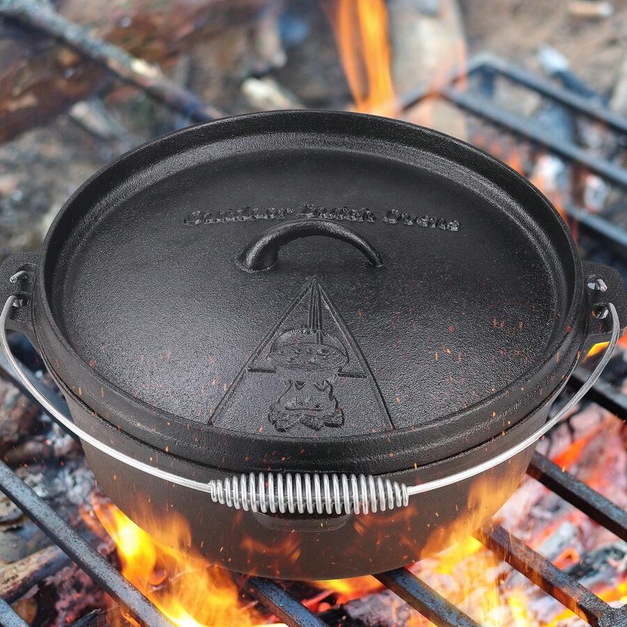 Dutch Oven Pot With Lid, 12 Quart Cast Iron Dutch Oven, Without Feet, With Stand & Spiral-Shaped Handle, Cast Iron Pot For Outdoor & Indoor