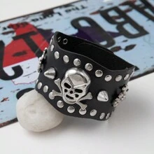 9pcs Punk Style Rivet Skull PU Leather Bracelet, Exaggerated Gothic Dark Rivet Bracelet For Men, Couples, Rock, Students - Black - View 15