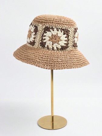 Sombrero de mujer tejido a mano con diseño de flores para protección solar en la playa en verano, Sombrero de cubo de color bloque de malla de moda estilo bohemio