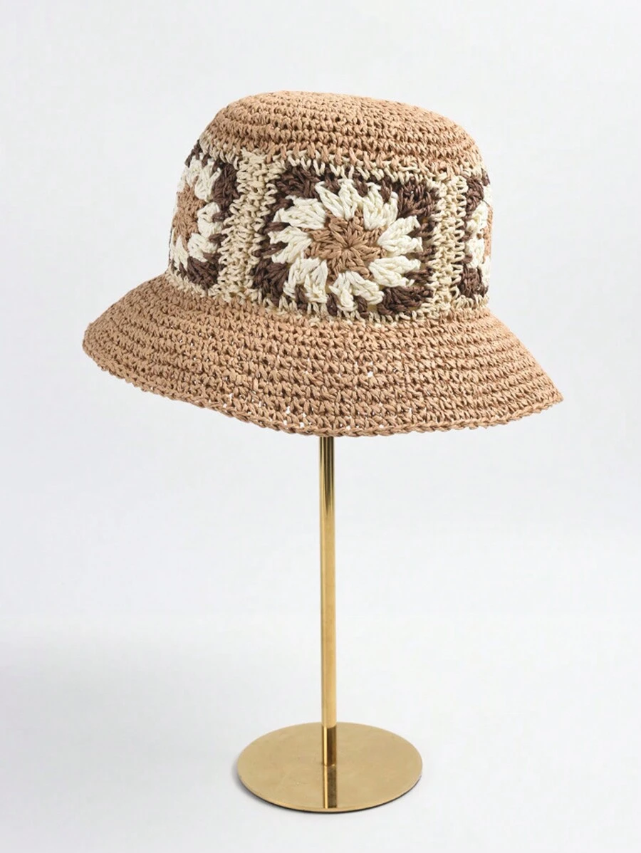 Women's Summer Handmade Woven Flower Hat, Beach Sun Hat, Fashion Patchwork Straw Hat - Flower Straw Hat - View 1