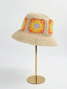 Women's Summer Handmade Woven Flower Hat, Beach Sun Hat, Fashion Patchwork Straw Hat - Flower Straw Hat - View 5