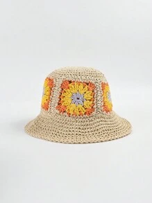 Women's Summer Handmade Woven Flower Hat, Beach Sun Hat, Fashion Patchwork Straw Hat - Flower Straw Hat - View 6