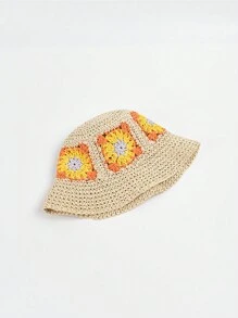 Women's Summer Handmade Woven Flower Hat, Beach Sun Hat, Fashion Patchwork Straw Hat - Flower Straw Hat - View 7