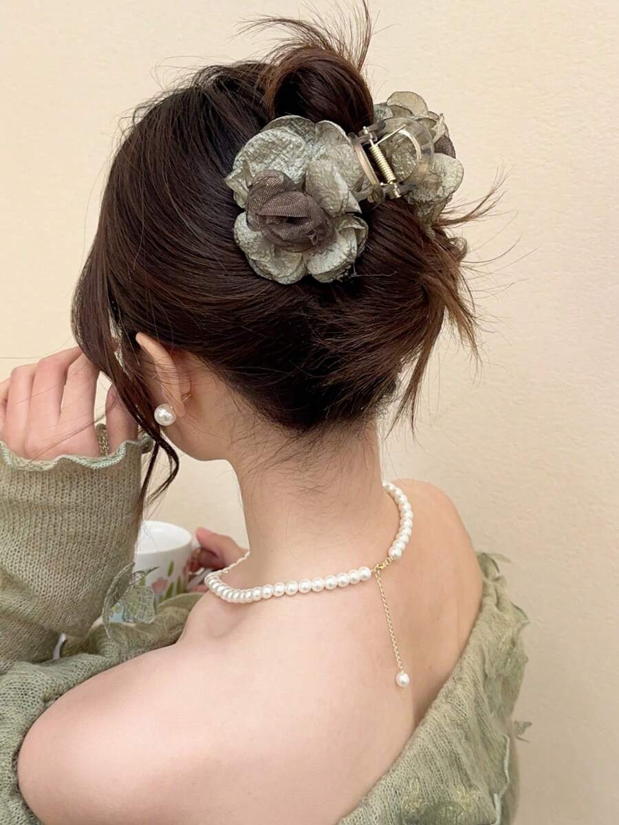 1 kẹp tóc hoa hồng lưới mềm phong cách Mori dành cho phụ nữ, sang trọng & có thể sử dụng làm phụ kiện đội đầu sau lưng hoặc kẹp tóc hoặc phụ kiện kẹp tóc thanh lịch - màu xanh lá - Xem 1