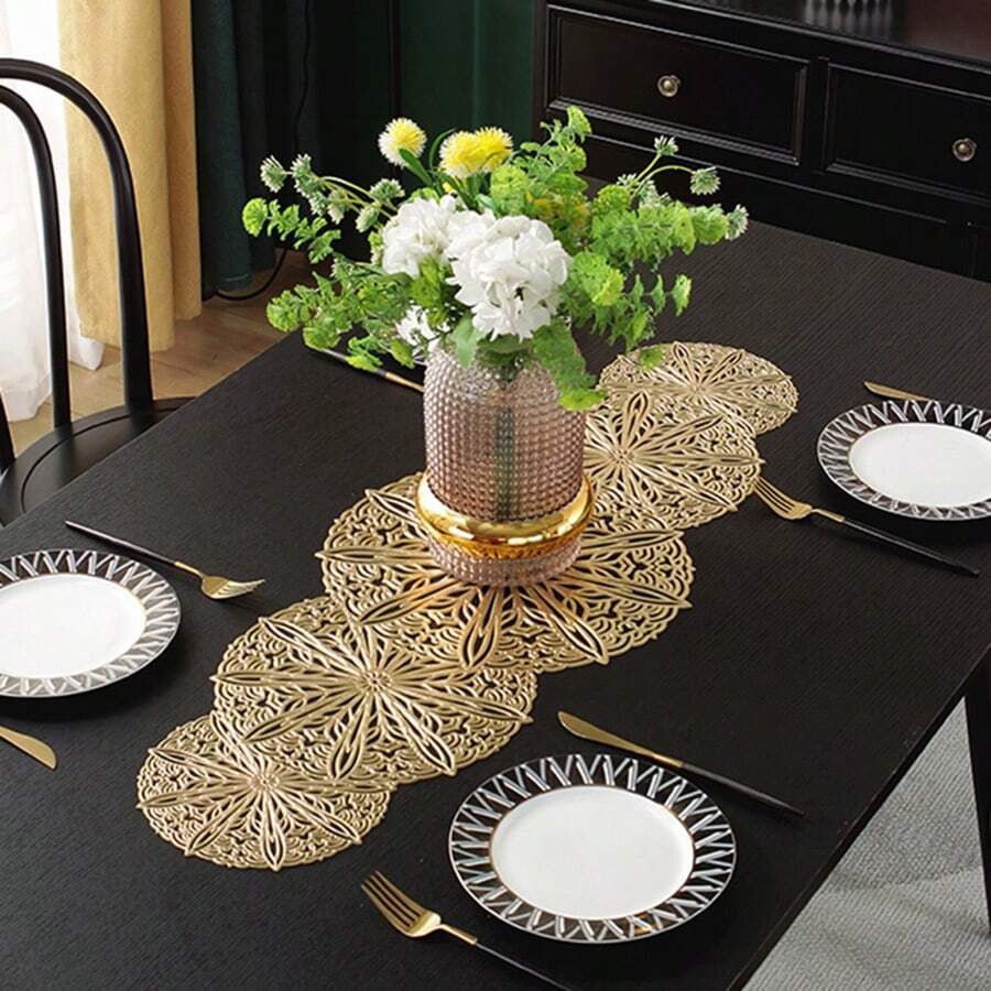 1pc Long Gold Printed Pvc Anti-Slip Table Runner, Restaurant Decoration, Home Hotel Heat Insulation Tablecloth, Multiple Colors Available - PVC Table Runner - View 1
