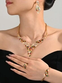 4pcs Saudi Arabian Fashion Jewelry Set, Colorful Zirconia Micro-Inlaid Water Drop Necklace Suits, Dubai Bridal Wedding Party Accessories, Valentine's Day Gift - Colored Diamond Four-piece Set - View 2