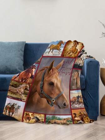 1pc Super Soft Flannel Fleece Blanket With Personalized Horse Design, Perfect Gift For Daughters, Suitable For Sofa, Bedroom, Gift, Available In Various Sizes For Women