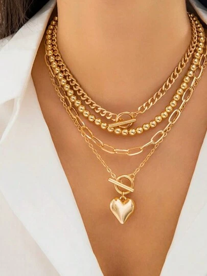 4 件套时尚金色合金多层心形吊坠项链，奢华女士派对珠宝礼物，适合夏季情人节