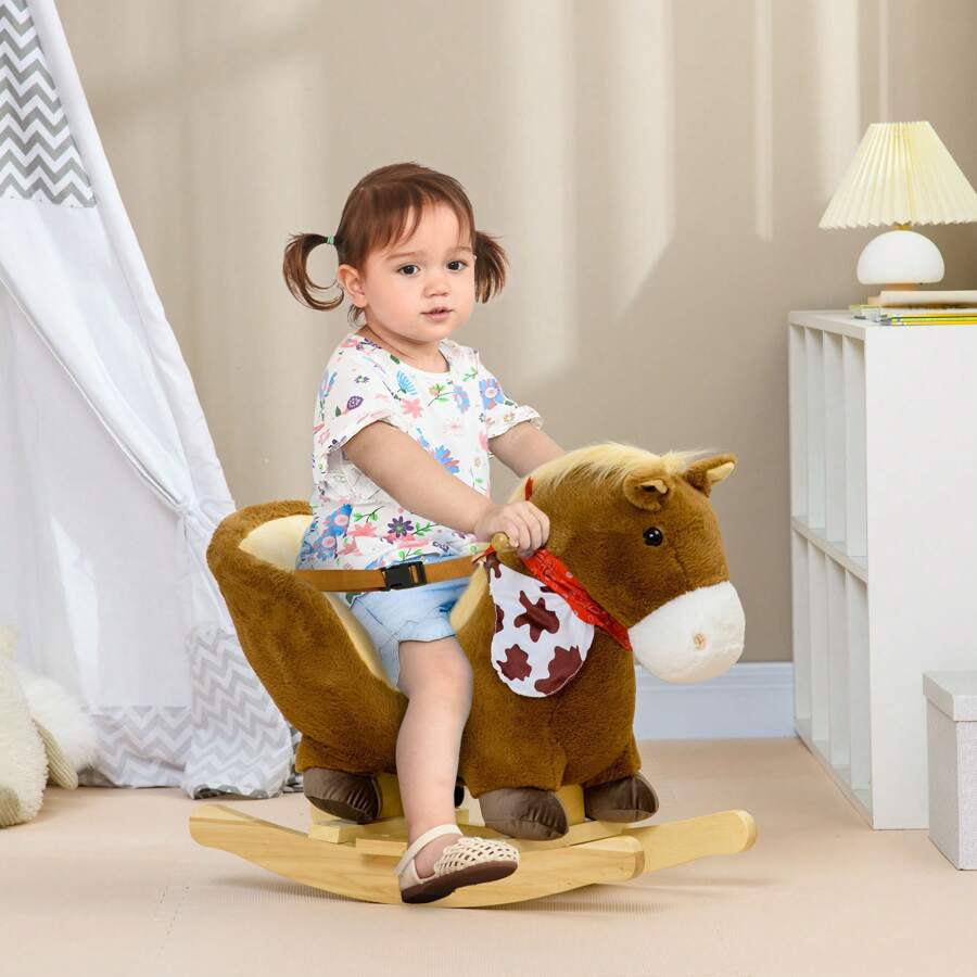 HOMCOM Animale a Dondolo a forma di Coniglio con Suoni, Cavalluccio a Dondolo per Bambini 18-36 Mesi con Cintura, 60x33x50 cm