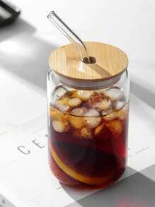 1 pieza de 400/550 ml de vidrio resistente al calor, con tapa, pajita, taza plana, para café, té con leche, jugo, adecuada para uso doméstico o en la oficina