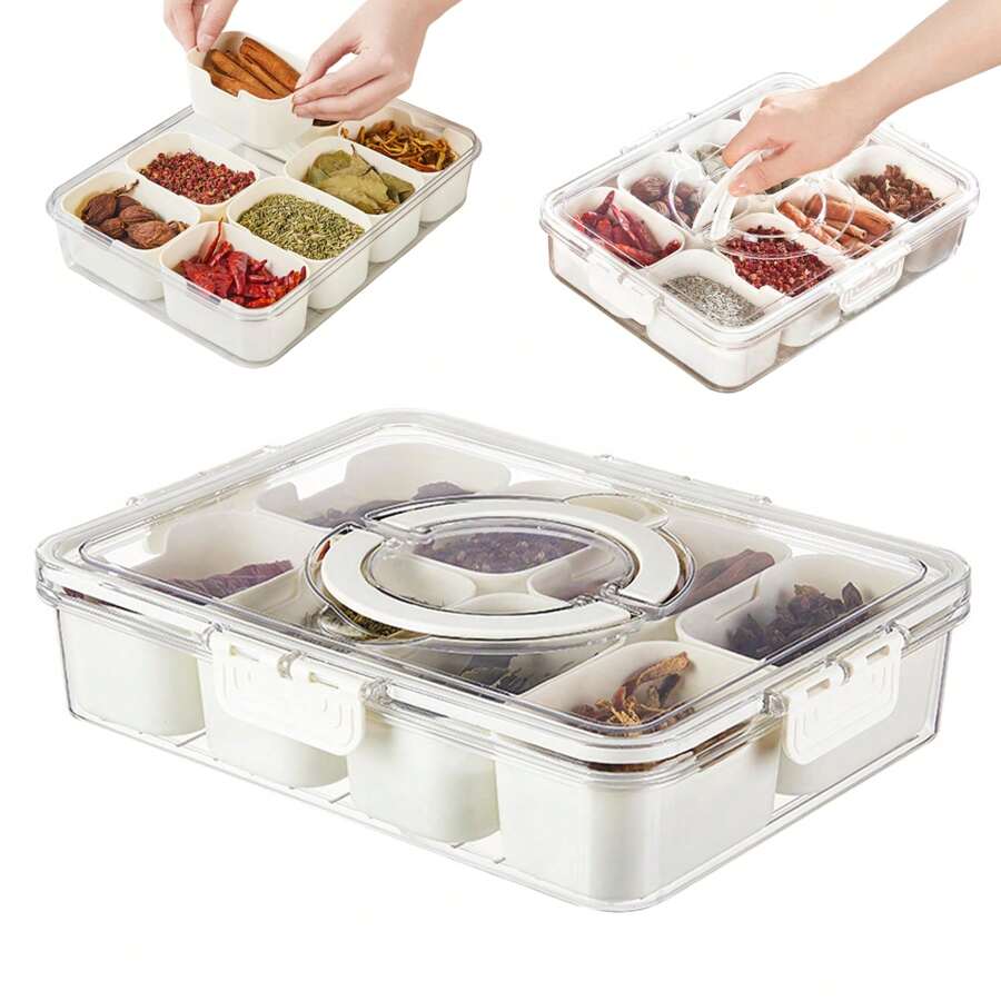 帶蓋和手柄的分格式盤子,8個方形分格零食水果盤,適用於聚會的蔬菜盤糖果點心盤食品儲存清晰收納盤