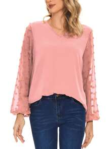 Swiss Dot Tops For Women Lantern Puff Long Sleeve V Neck Chiffon Loose Hem Blouses Fall Summer Dressy Casual Work Shirts - 粉色 - 查看 4